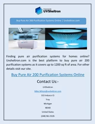 Buy Pure Air 200 Purification Systems Online | Uvsheltron.com