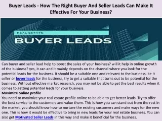 Buyer Leads - How The Right Buyer And Seller Leads Can Make It Effective For You