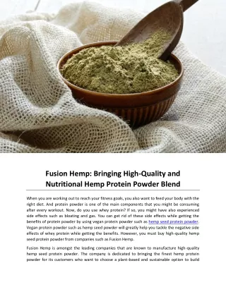 Fusion Hemp Bringing High Quality and Nutritional Hemp Protein Powder Blend
