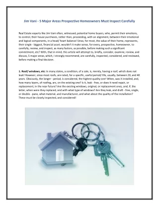 Jim Vani - 5 Major Areas Prospective Homeowners Must Inspect Carefully