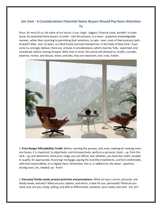 Jim Vani - 6 Considerations Potential Home Buyers Should Pay Keen Attention To