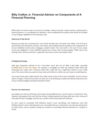 Billy Crafton Jr. Financial Advisor on Components of A Financial Planning