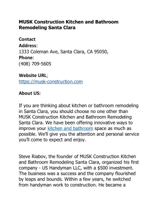 MUSK Construction Kitchen and Bathroom Remodeling Santa Clara