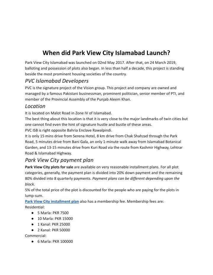 when did park view city islamabad launch