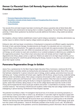Denver Co Placental Stem Cell Remedy Regenerative Medication Companies Launched