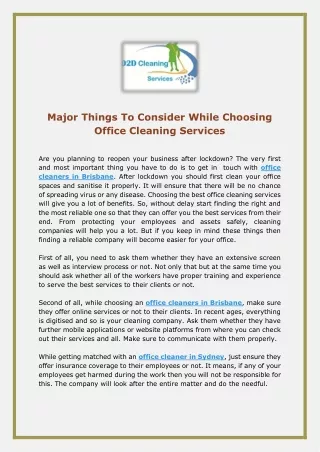 Major Things To Consider While Choosing Office Cleaning Services