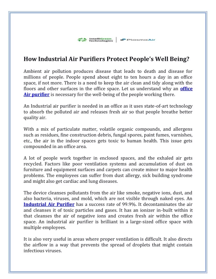 how industrial air purifiers protect people