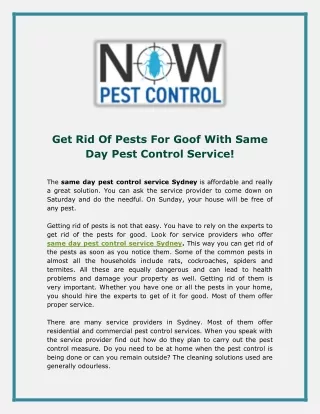 Get Rid Of Pests For Goof With Same Day Pest Control Service