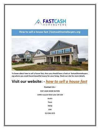 How to sell a house fast |fastcashhomebuyers.org