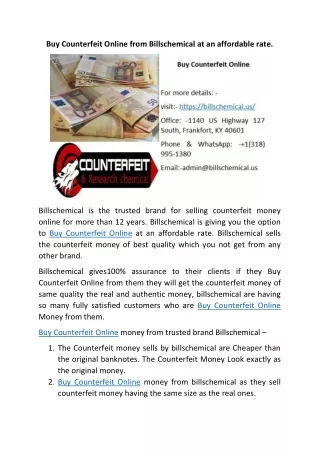 Buy Counterfeit Online from Billschemical at an affordable rate.