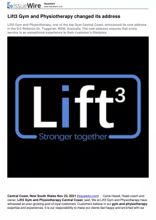 Lift3 Gym and Physiotherapy changed its address