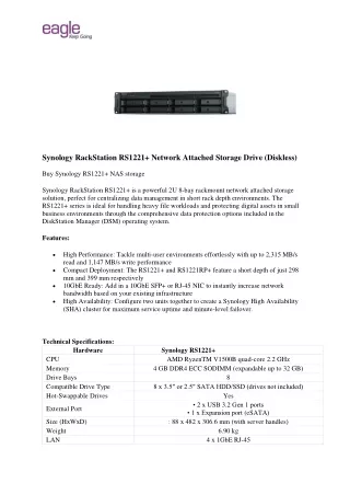 Synology RackStation RS1221  8bay Network Attached Storage Drive