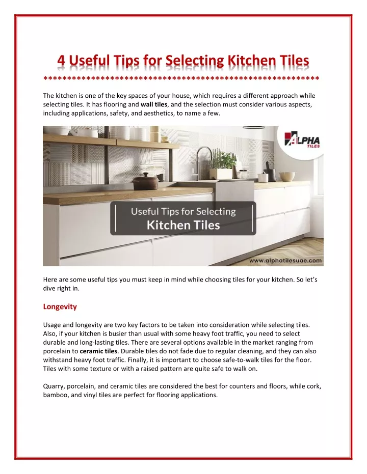 4 useful tips for selecting kitchen tiles