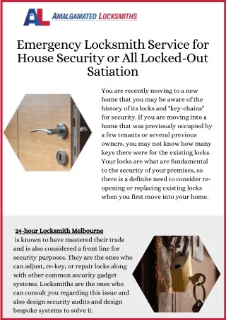 Emergency Locksmith Service for House Security or All Locked-Out Satiation
