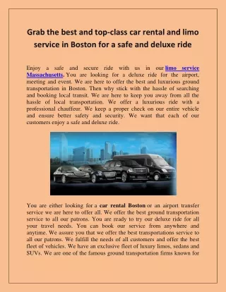 Grab the best and top-class car rental and limo service in Boston for a safe and