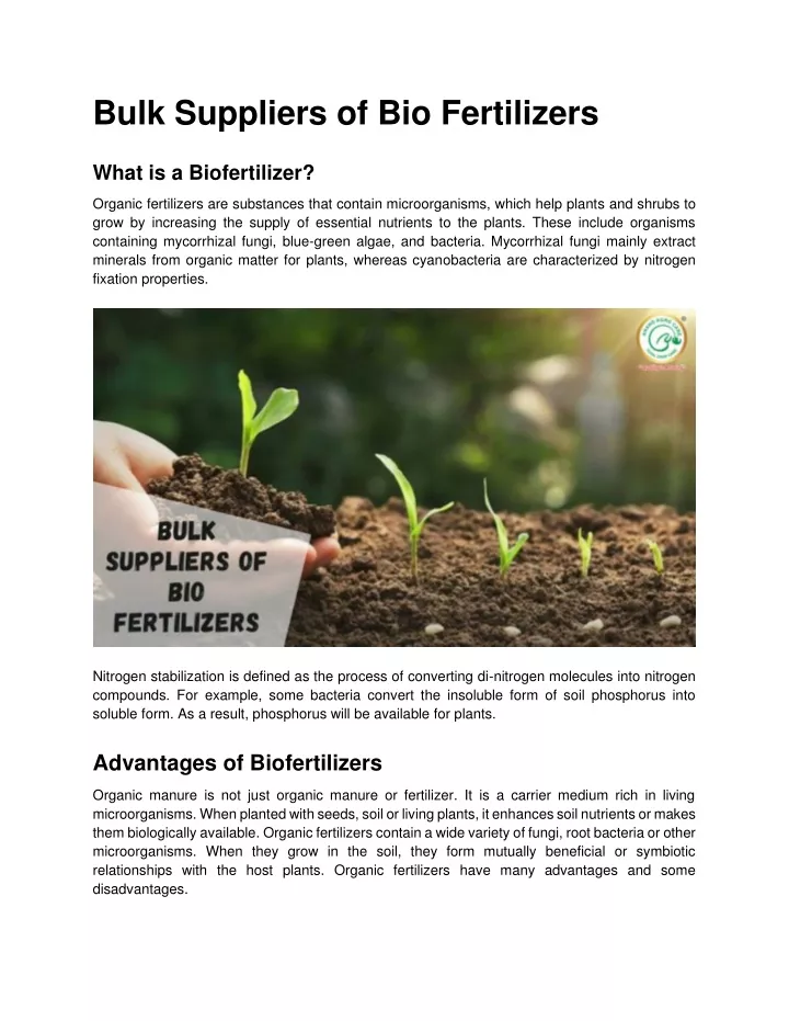 bulk suppliers of bio fertilizers
