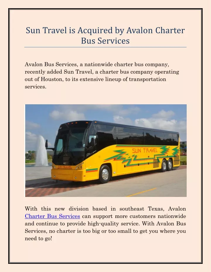 sun travel is acquired by avalon charter