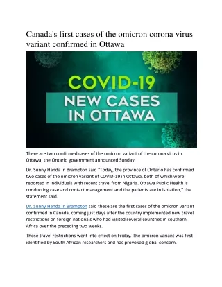 Canada's first cases of the omicron corona virus variant confirmed in Ottawa