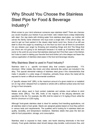 Why Should You Choose the Stainless steel  for Food & Beverage Industry?