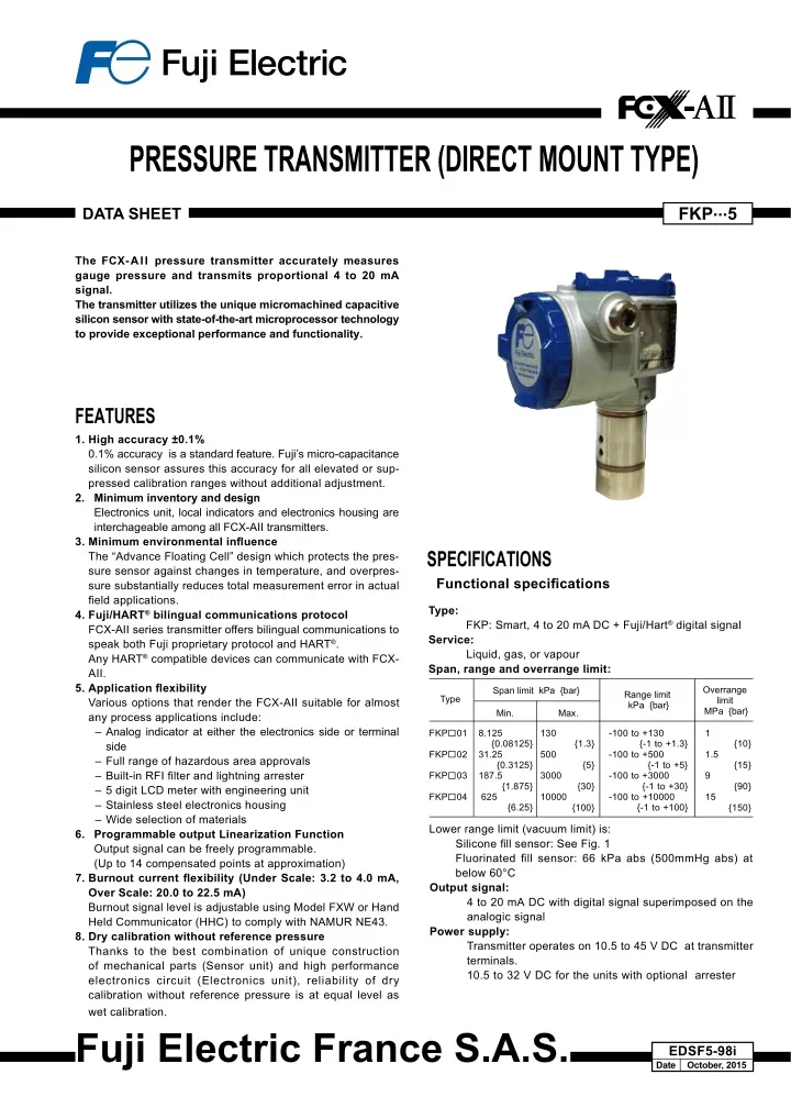 pressure transmitter direct mount type