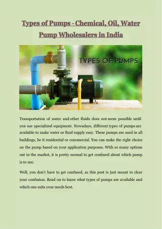 Chemical Oil Water Pump Wholesalers in India