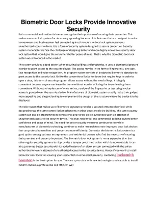 Biometric Door Locks Provide Innovative Security