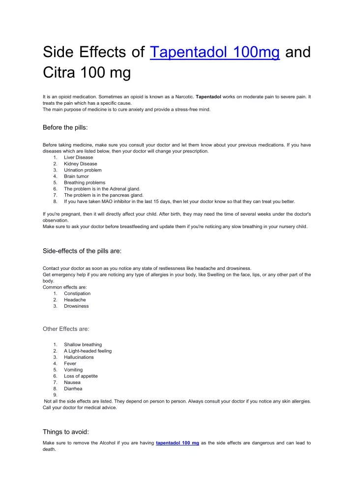 side effects of tapentadol 100mg and citra 100 mg