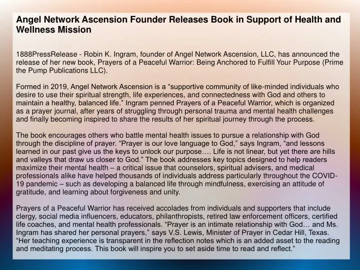 angel network ascension founder releases book