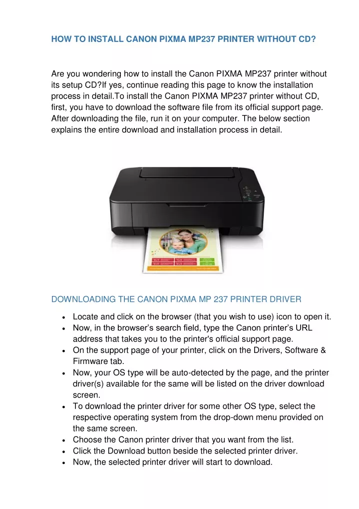 install canon mp237 printer without cd