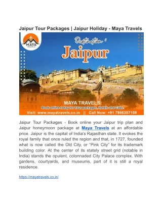 Jaipur Tour Packages  Jaipur Holiday - Maya Travels
