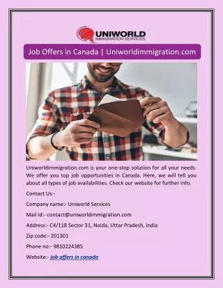 Job Offers in Canada | Uniworldimmigration.com