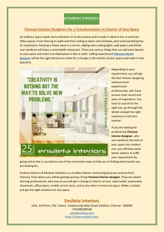 Chennai Interior Designers for a Transformation in Interior of Any Spac