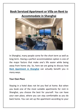 Book Serviced Apartment or Villa on Rent to Accommodate in Shanghai