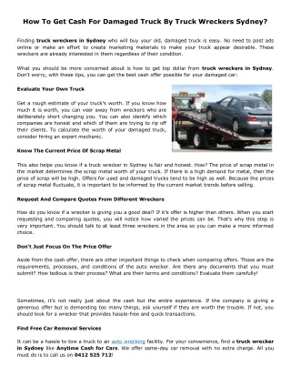 How To Get Cash For Damaged Truck By Truck Wreckers Sydney?