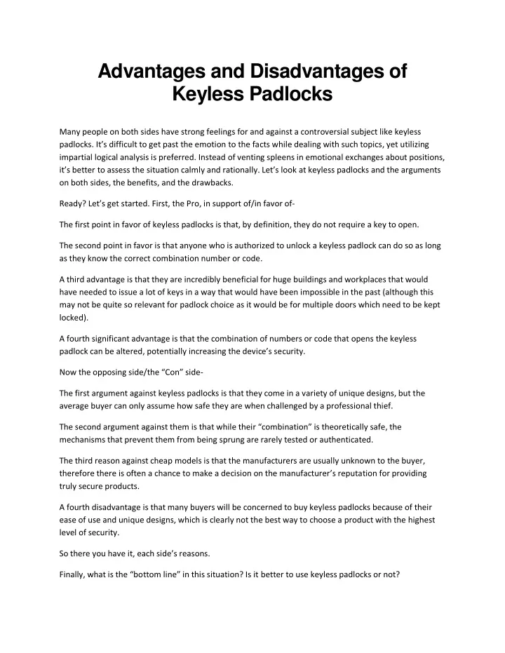 PPT - Advantages And Disadvantages Of Keyless Padlocks PowerPoint ...