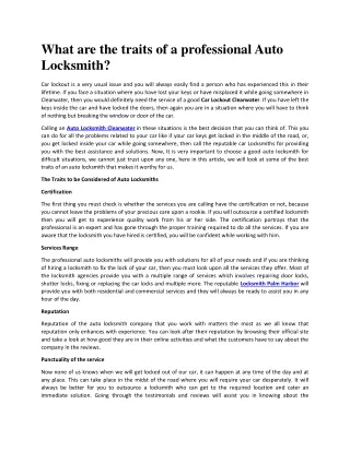 What are the traits of a professional Auto Locksmith?