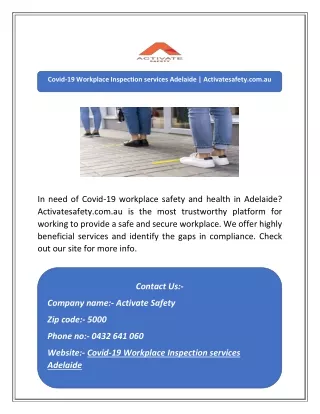 Covid-19 Workplace Inspection services Adelaide | Activatesafety.com.au