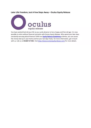 Later Life Freedom, Just A Few Steps Away – Oculus Equity Release