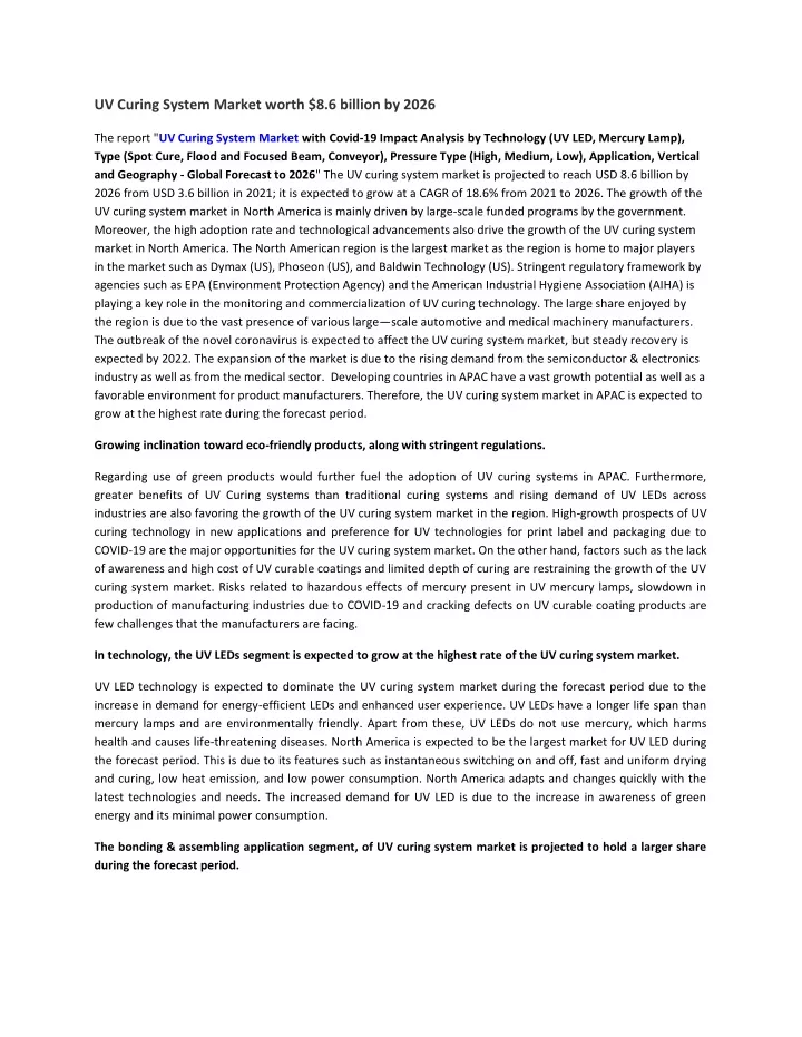 uv curing system market worth 8 6 billion by 2026