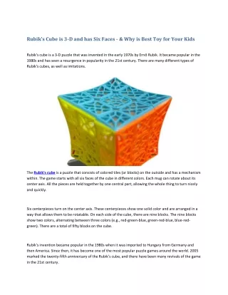 Rubik's Cube is 3-D and has Six Faces - & Why is Best Toy for Your Kids