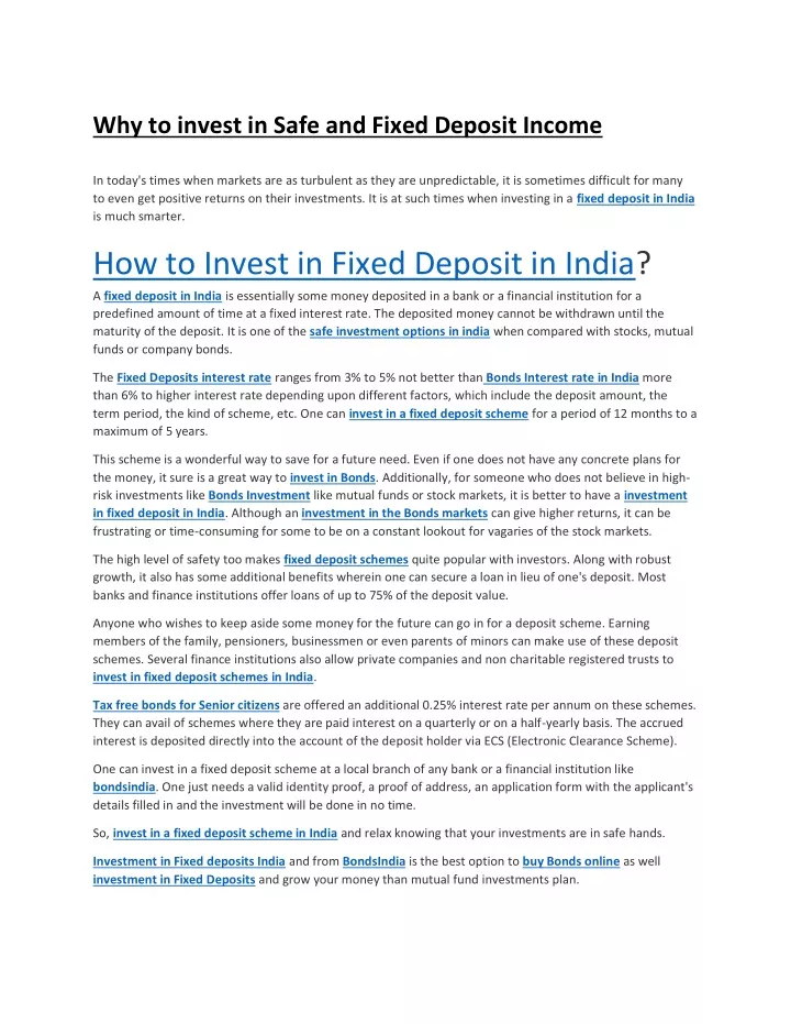 why to invest in safe and fixed deposit income