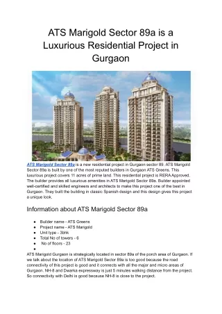 ATS Marigold Sector 89a is a Luxurious Residential Project in Gurgaon