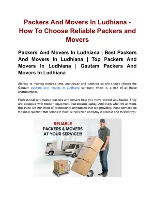 Packers And Movers In Ludhiana - How To Choose Reliable Packers and Movers