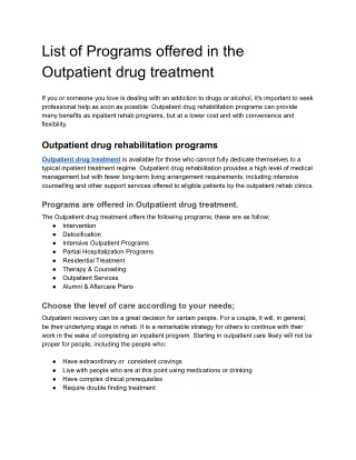 List of Programs offered in the Outpatient drug treatment