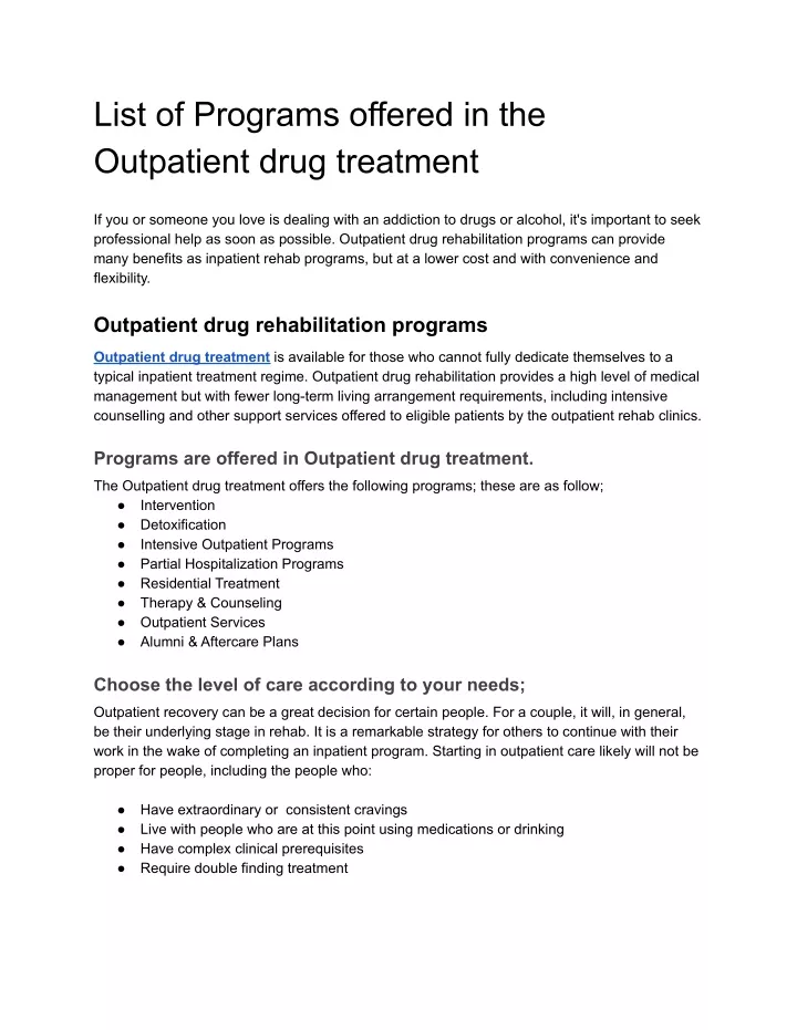list of programs offered in the outpatient drug