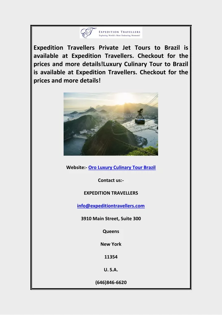 expedition travellers private jet tours to brazil