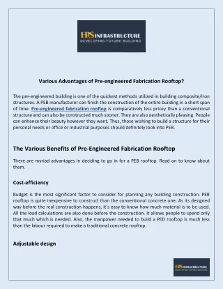 Various Advantages of Pre-engineered Fabrication Rooftop?