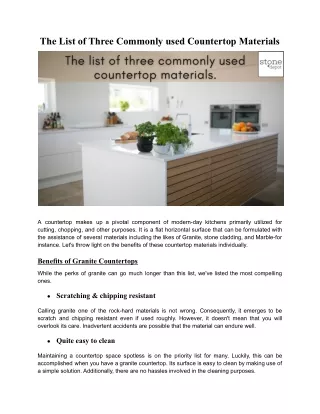 The List of Three Commonly used Countertop Materials.