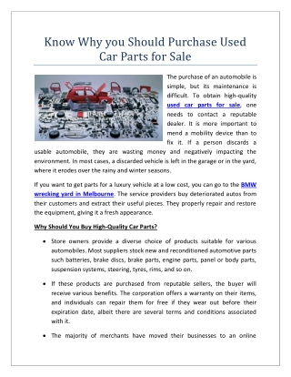 Know Why you Should Purchase Used Car Parts for Sale