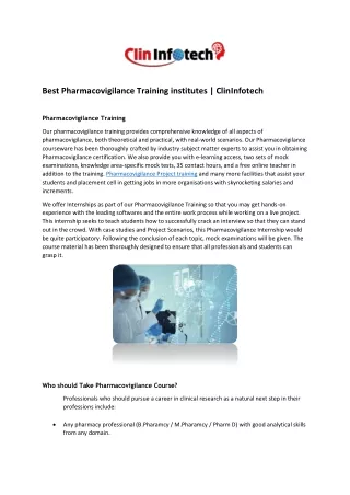 Best Pharmacovigilance Training institutes